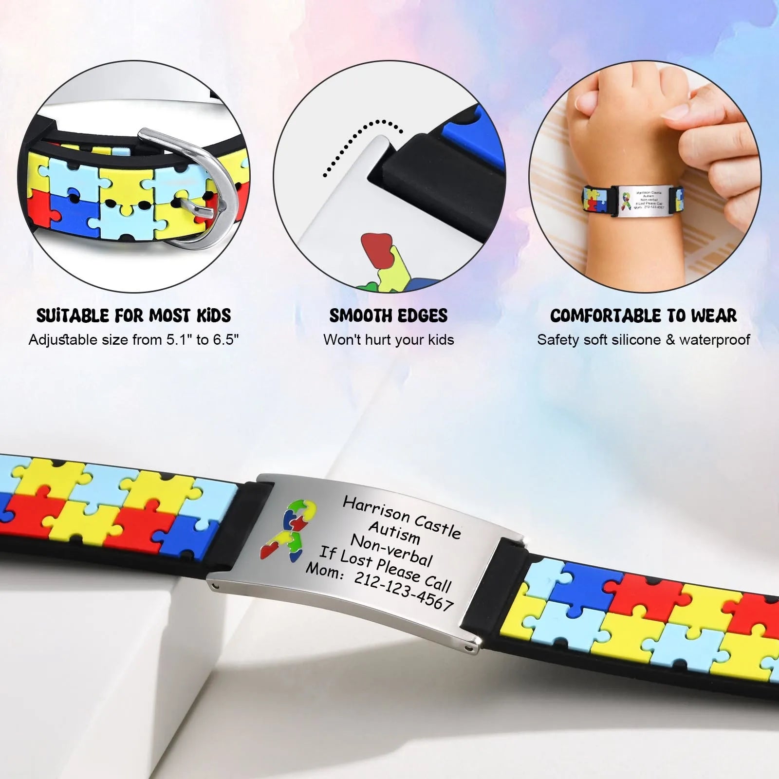 Personalized Autism Aspergers Bracelet for Children, Engraved Medical Alert ID Adjustable Silicon Bracelet Engraved Gift