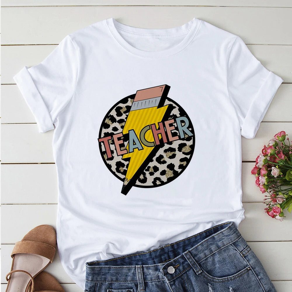 Colored Battery Life Of A Teacher Monday To Friday Graphic Print T-Shirt Women White Short Sleeve T-shirt Harajuku Street wears