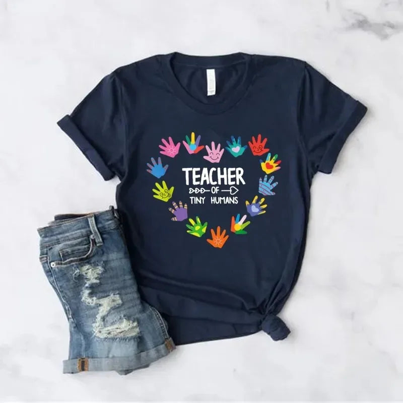 Women Cotton T-shirt Kawaii Kindergarten Teacher Shirt Funny Palm Print Graphic Tee Fashion Letter Teacher Tee High Quality Tops