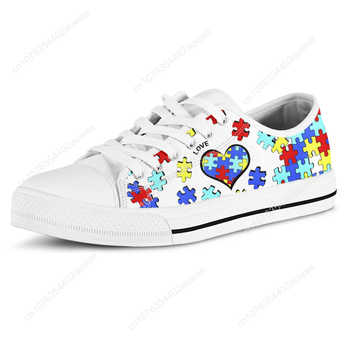 White Autism Awareness Heart Women Shoes New Retro 
Lowtop Sneakers Shoes For Women Canvas Round Toe