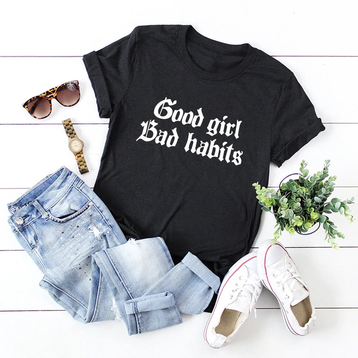 Good Girl Bad Habits Letter Print Women T Shirt Short Sleeve O Neck Loose Women Tshirt Ladies Tee Shirt Tops Camisetas Mujer